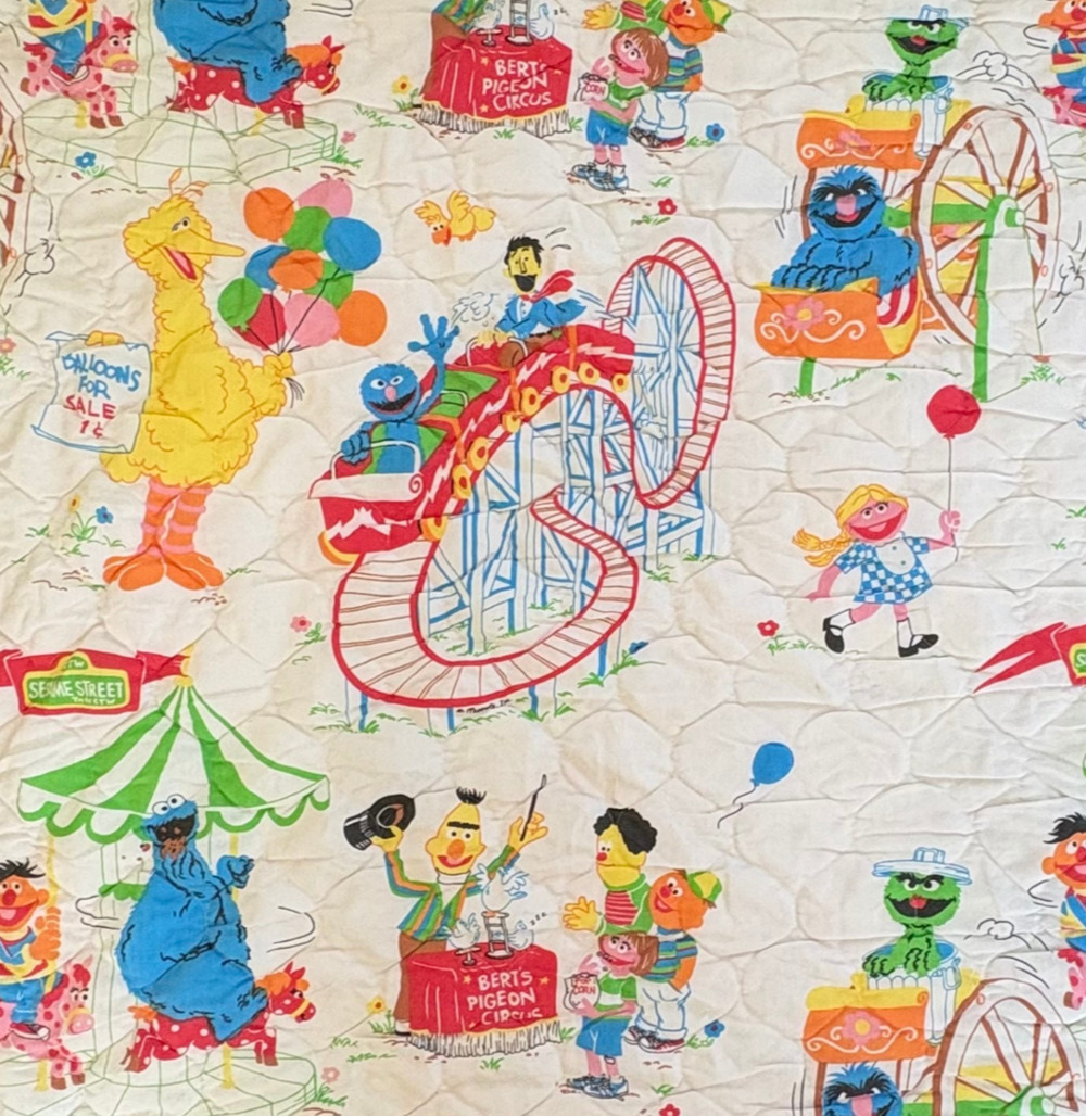 Sesame Street Full Size Bedspread Roller Coaster Fair 95"L x 100"W Vintage 1970s